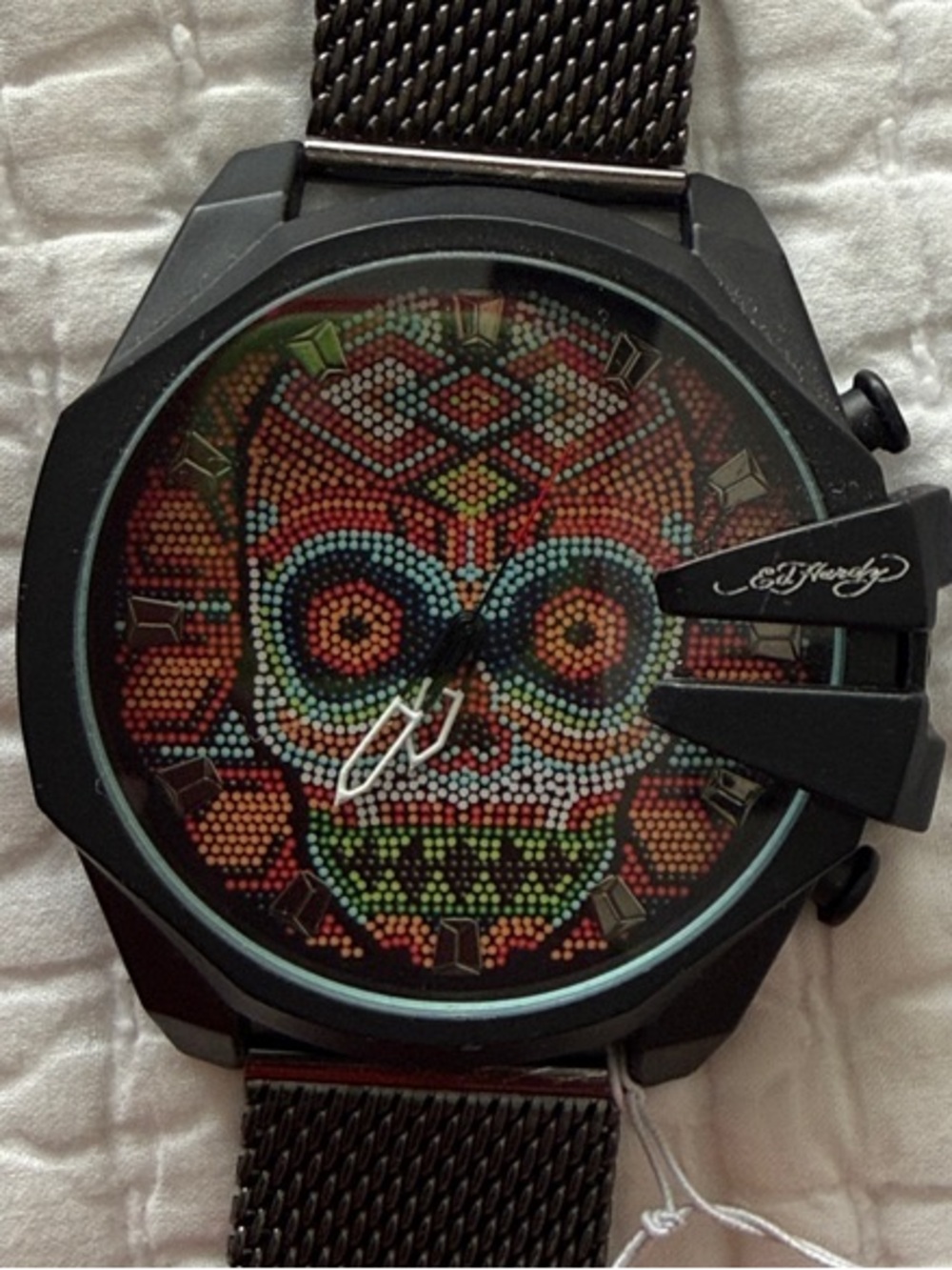 Ed Hardy Multicolor Skull Mosaic Mesh Strap Watch